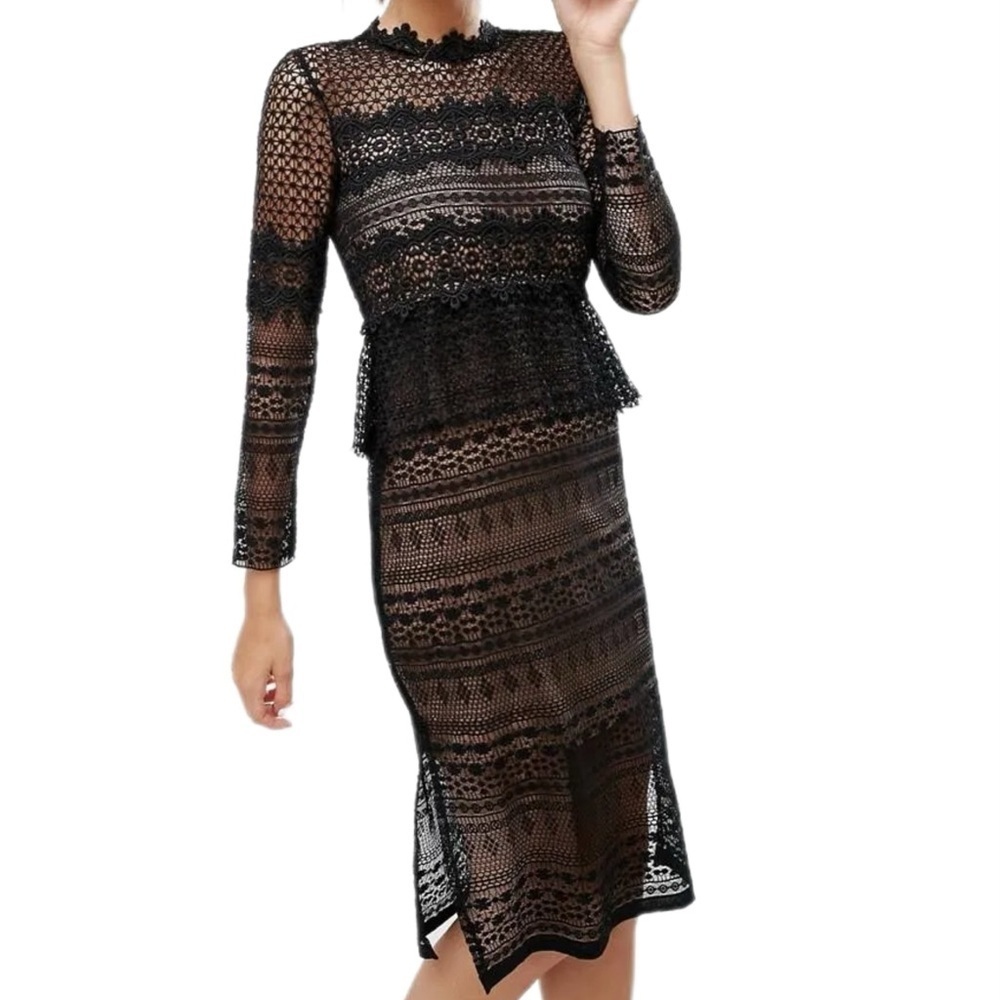 French Connection Petra Boho Lace Elegant Peplum Midi Cocktail Dress NWT